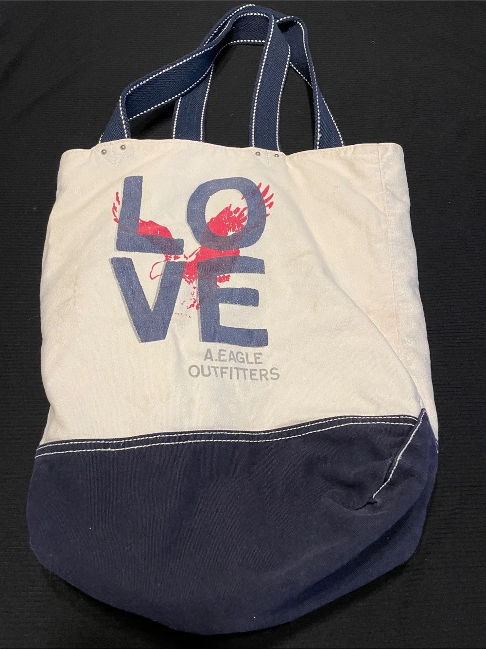 VTG LOVE Canvas Tote Bag in Navy and Cream